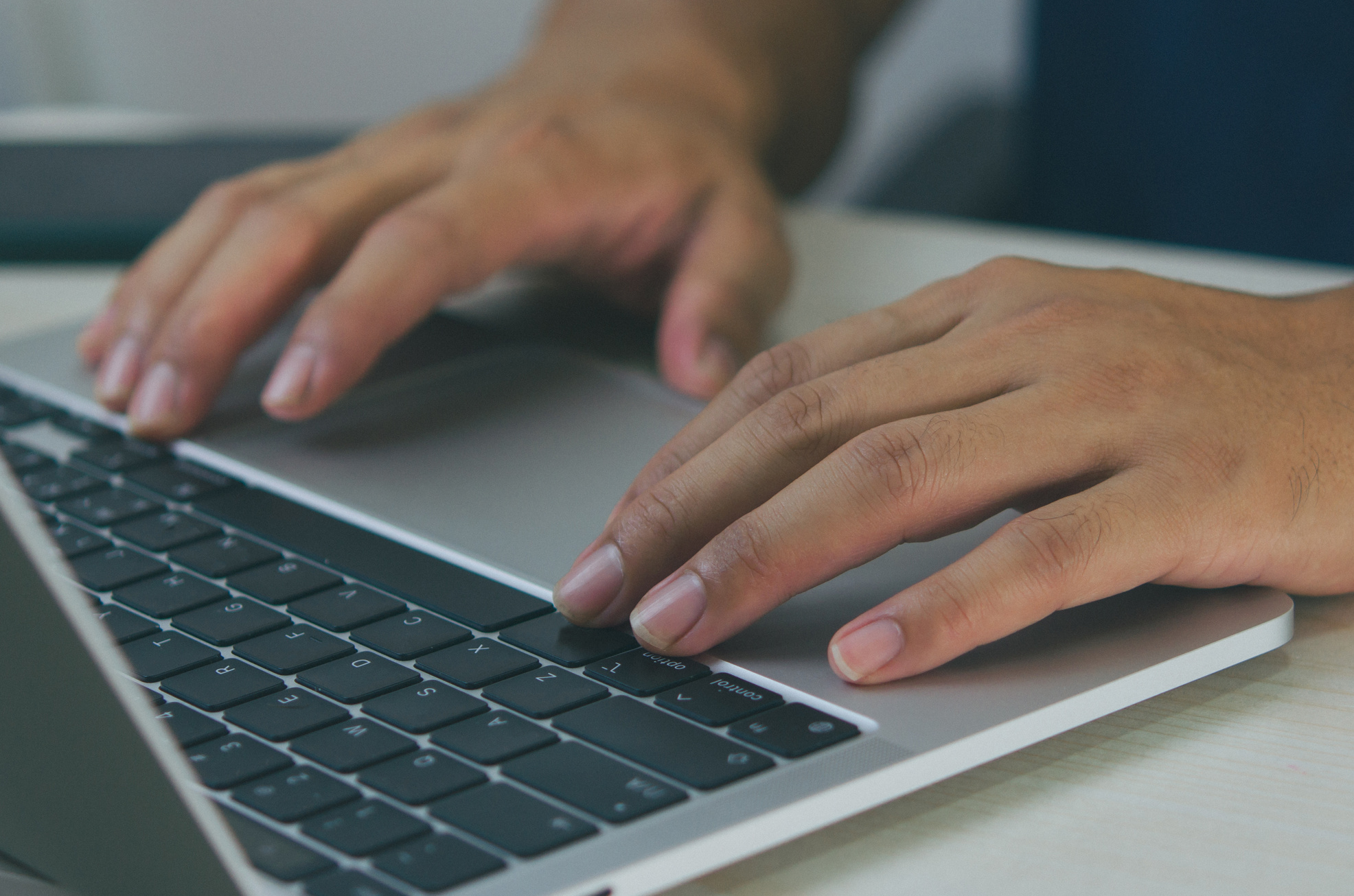 Laptop computer digital technology online. Businessman hand typi